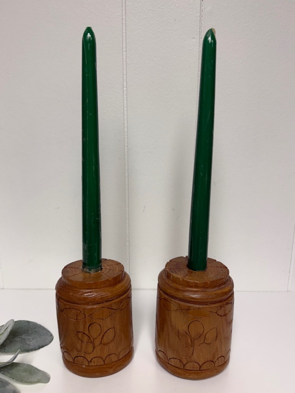 Matching Pair of Vintage Hand-Carved Wooden Taper Candle Holders Boho Rustic